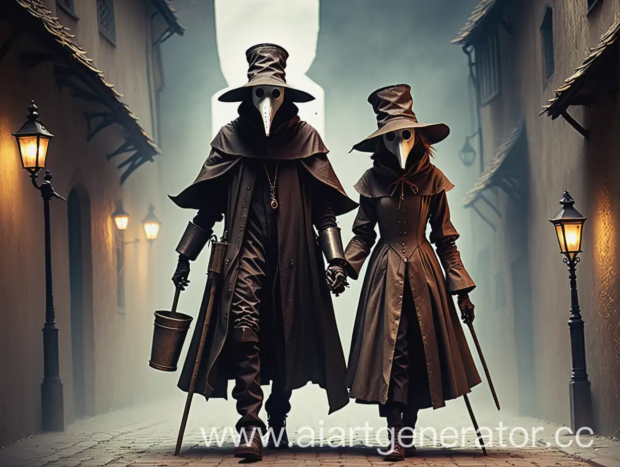 Plague-Doctors-with-Girl-and-Boy-in-Historical-Setting