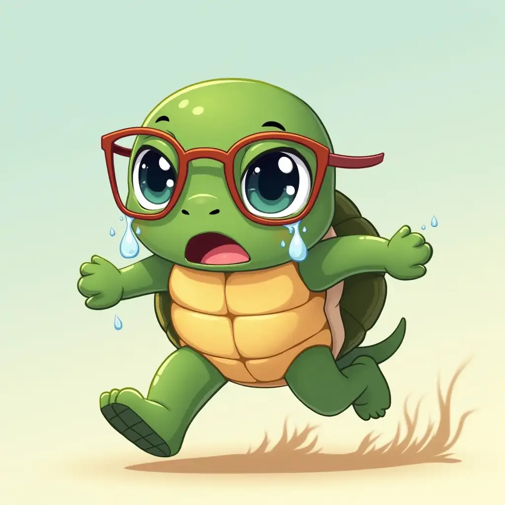 Cartoon of a turtle with tears, running while tired and sweating, wearing glasses running