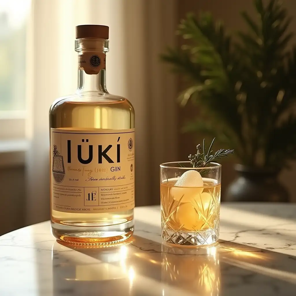 A sleek bottle of LUKI Gin, crafted from clear glass, sits gracefully on a marble table, showcasing its rich golden hue. The natural wooden cork gleams softly under the ambient light, hinting at the premium quality of the spirit inside. The label, adorned with bold black text that reads “LUKI GIN,” captures attention, while subtle design elements suggest its artisanal roots. As the camera slowly zooms in, the texture of the marble surface comes into focus, highlighting its elegant patterns. Soft instrumental music plays, creating a serene ambiance. The scene shifts to a gentle pan across the table, revealing a blurred background of softly draped curtains, enhancing the cozy yet sophisticated feel. You can see pine branches and juniper berries on the background. The soft light continues to dance around the bottle, capturing its reflections, and effortlessly transitions to the bottle being tilted, liquid cascading into a crystal glass. The camera captures the golden liquid beautifully as it fills the glass, glimmering like liquid sunshine, inviting the viewer to experience the allure of LUKI Gin.