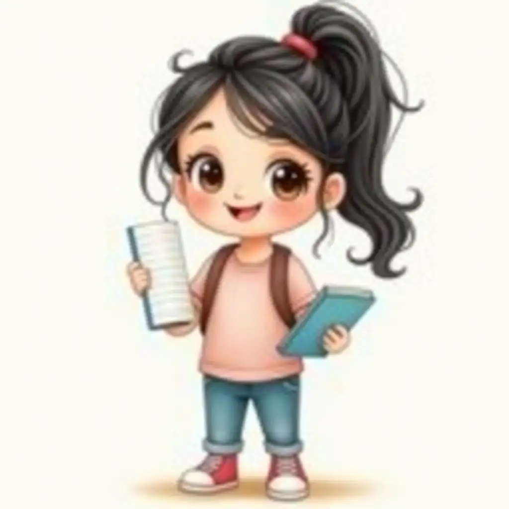 A hand-drawn illustration full body of Luna is a 10 years old girl with large black hair in a ponytail and brown eyes, holding a blue notebook, and wearing casual clothes. She is Happy. Style: children illustration.