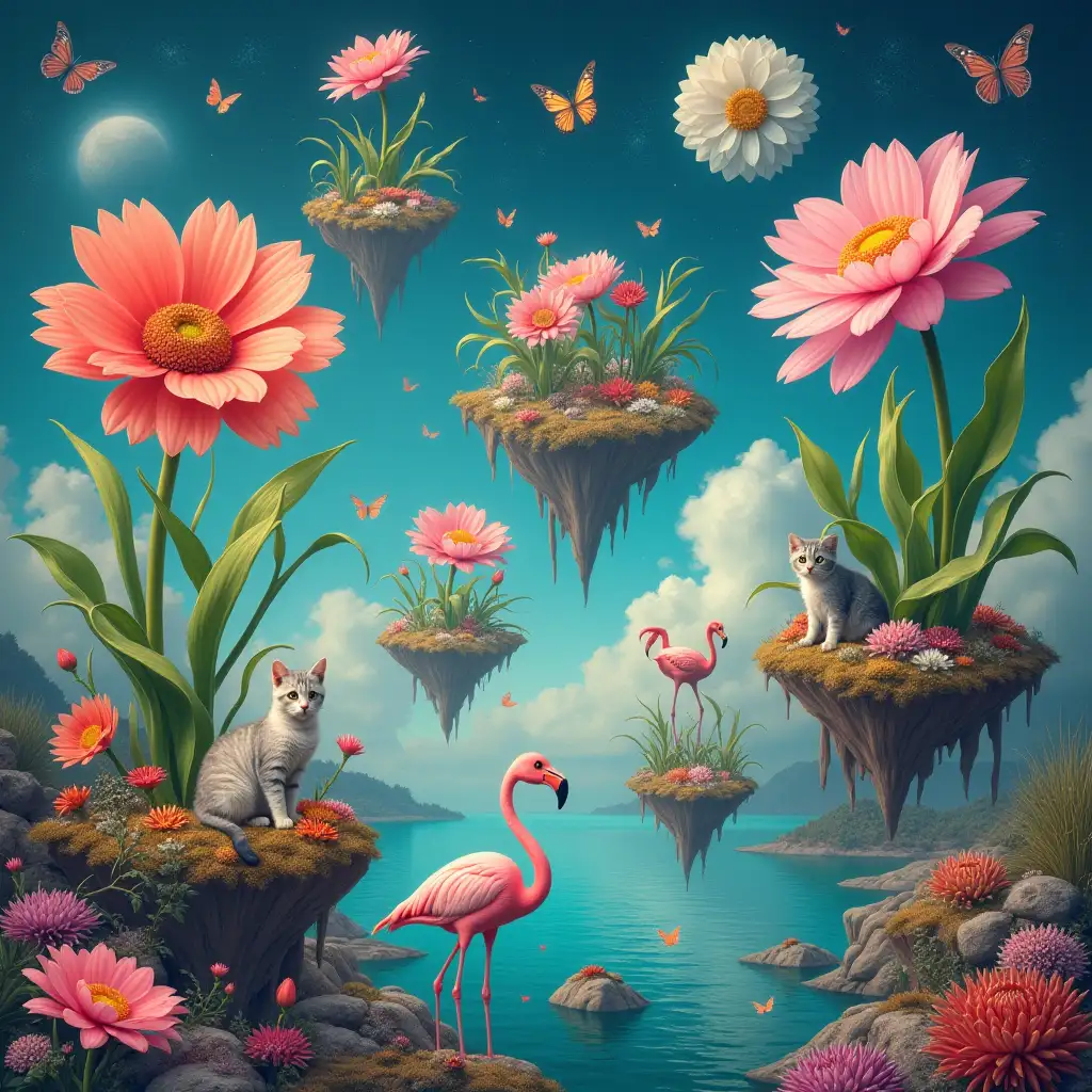 A surreal scene with giant flowers, blooming on five floating islands, with fairies, cats, flamingos and an interesting mix of coral reefs, butterflies and stars