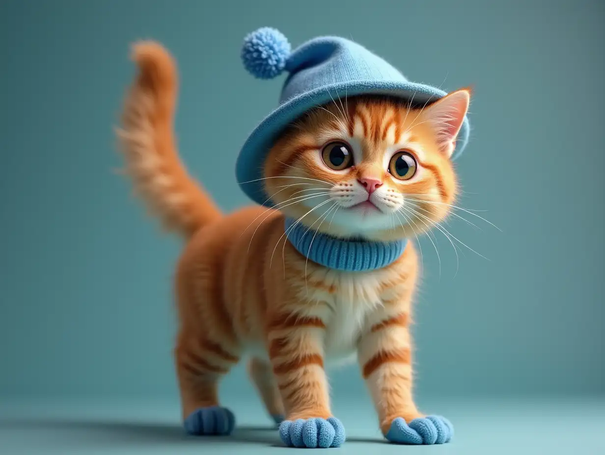 a brown cat wearing a blue hat and blue gloves standing on all legs