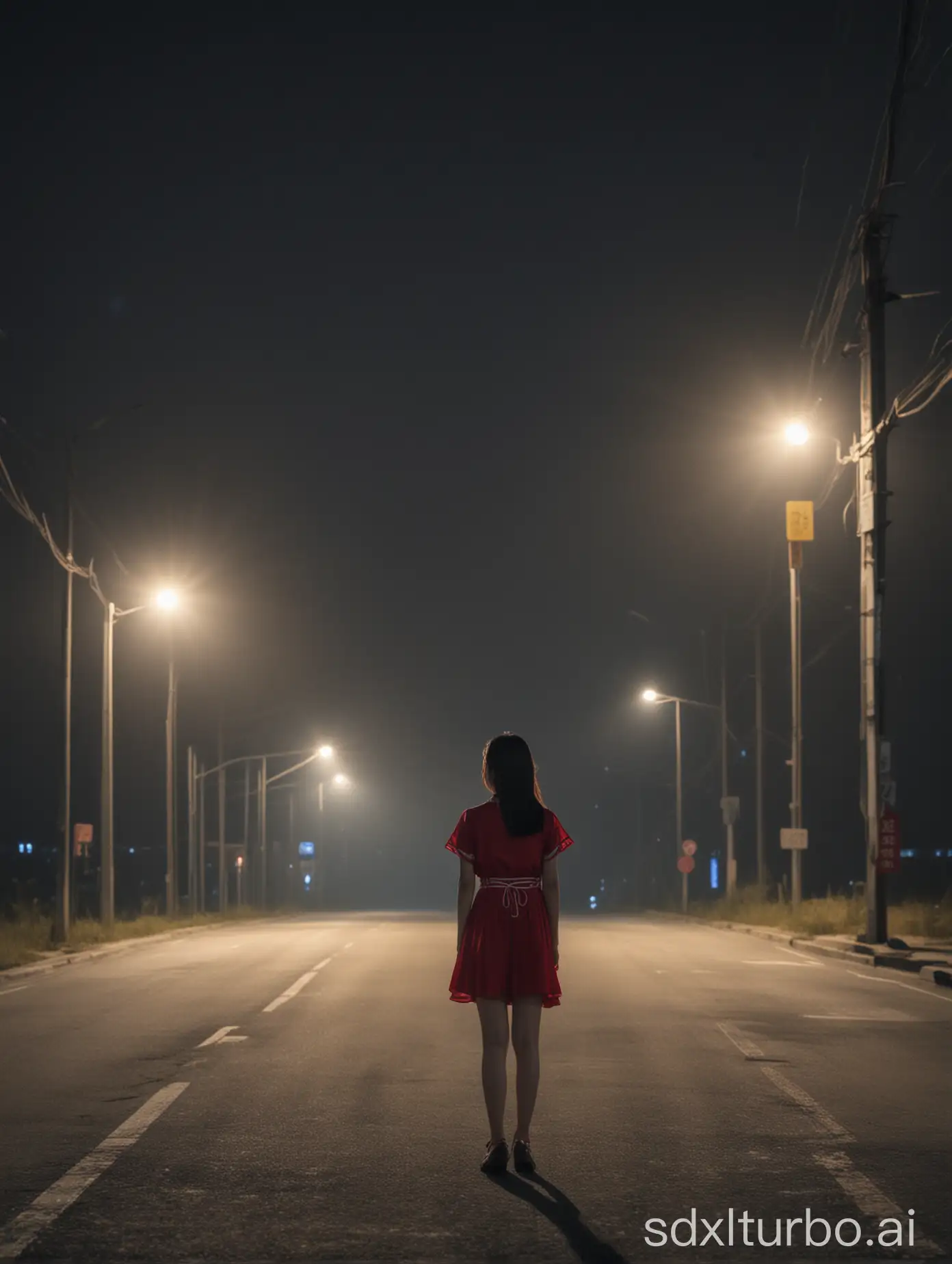 Night, a Chinese girl standing alone on the road's backdrop