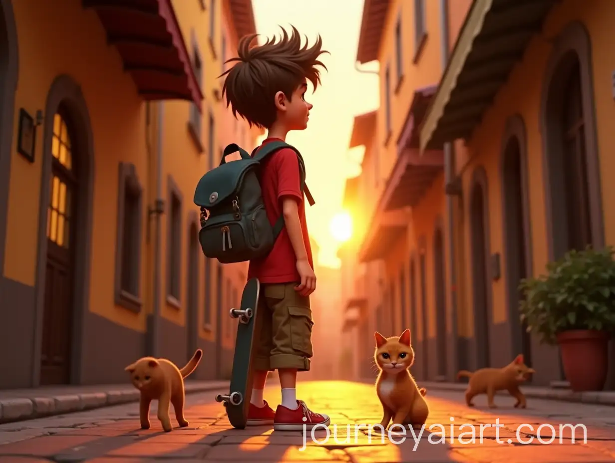 Teen-Boy-with-Skateboard-in-Sunset-Alley-of-Small-Italian-Town