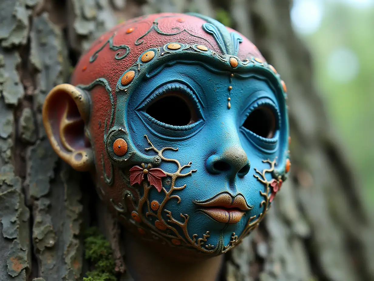 Face transformed into building with blue Fly Agaric roots