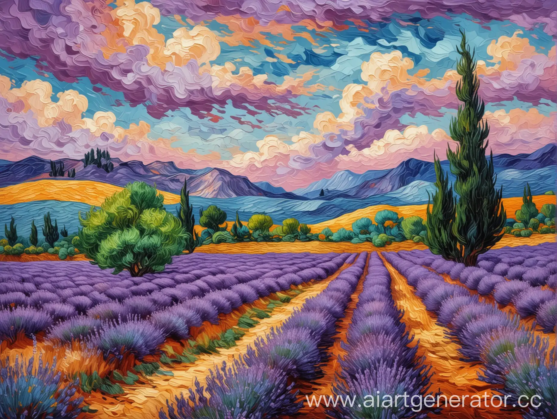 Vibrant-Lavender-Field-Landscape-in-Van-Gogh-Style-with-Cypresses-and-Colorful-Clouds