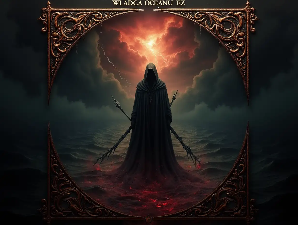 Create a hyper-realistic, dark fantasy vinyl album cover for 'Władca Oceanu Łez' ('Lord of the Ocean of Tears'). Main Scene: A vast, endless dark ocean beneath a stormy, apocalyptic sky. In the center stands the 'Ocean Lord' — a solitary, hooded figure in a heavy, salt-worn cloak, holding a broken trident or ancient staff. His face is hidden in deep shadows, faintly illuminated by flashes of lightning. Ghostly spirits swirl beneath the water's surface, reaching toward the figure. Tears fall from the storm clouds, merging with the ocean in crimson streams. Color Palette: Dominant colors are rusty brown, deep blood-red, and intense black. Additional tones: metallic bronze highlights on the water and armor, darkened crimson skies, blackened mist and clouds. Atmosphere: oppressive, mystical, tragic. Special Frame: An ornate, embossed mystical border runs around the edges of the cover. The frame is decorated with ancient oceanic and arcane symbols (tridents, broken crowns, swirling waves, crying eyes) carved as if into oxidized bronze. The embossing should appear aged, slightly corroded, giving an ancient relic feeling. Typography: 'Władca Oceanu Łez' is written at the top in ancient, gothic script, appearing like molten metal — glowing faintly with a dark, rusty red light. No modern elements; everything should feel ancient, heavy, and filled with emotion. Overall Mood: Mournful, majestic, mystical, evoking loss, timelessness, and the crushing power of the dark