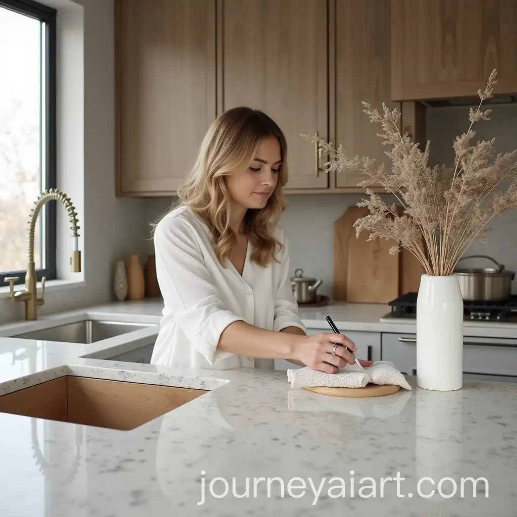 Woman-Standing-Next-to-Countertop-Stone-in-Modern-Kitchen