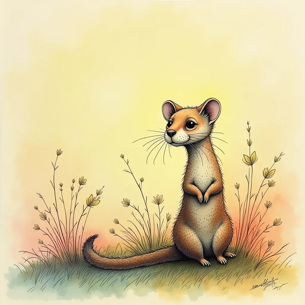 Surreal Line Drawing of a Happy Weasel in a Colorful Wilderness