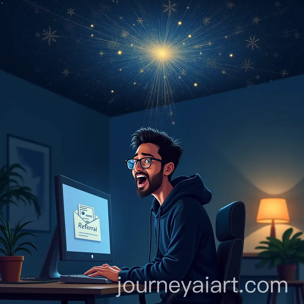 Excited-Indian-Male-with-Goldman-Sachs-Referral-Email-in-Magical-Night-Sky-Office-Scene