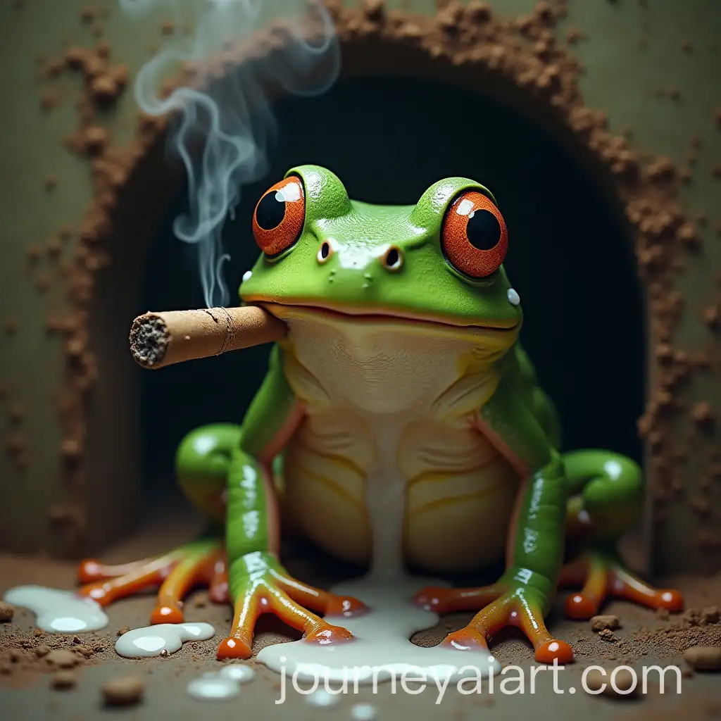 Unhappy-Frog-in-Prison-Under-Bed-with-Cigar-and-Sticky-Liquid