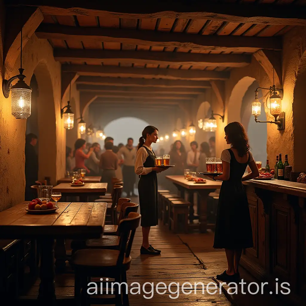 Medieval-Inn-Interior-with-Young-Waitresses-Serving-Beer-and-Meals-to-Animated-Customers