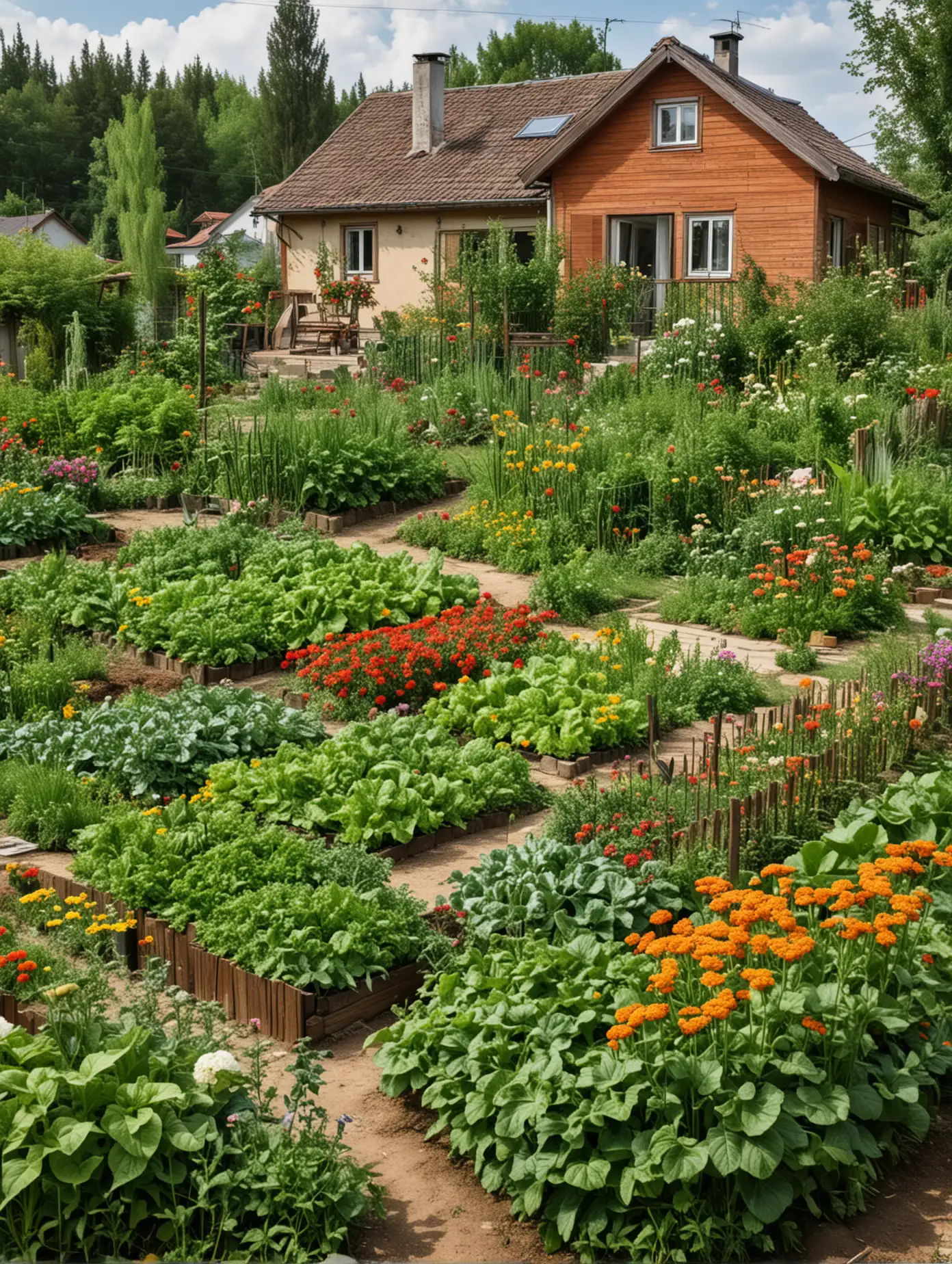 Rural house with yard, Modern style house, There is a vegetable patch in the yard, flowers