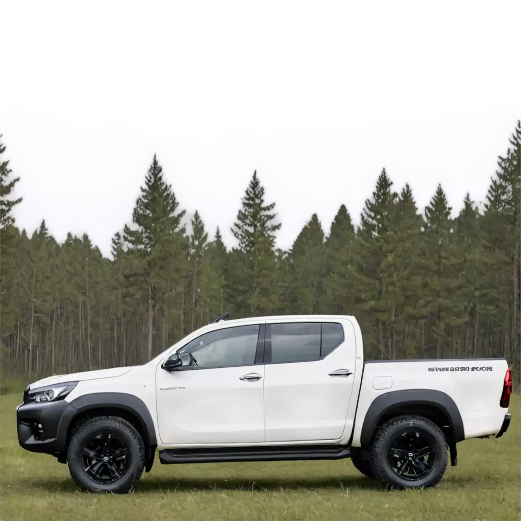 Toyota-Hilux-Revo-Rocco-White-PNG-Image-Side-View-in-Front-of-a-Forest-for-HighQuality-Visuals