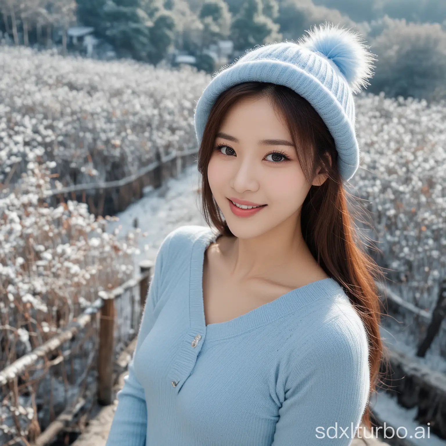 Chinese beauty, sexy and sweet smile, brown long hair, white skin, black eyes, in winter wearing a light blue tight sweater and long dress, with a duck-billed hat, touring in China, shooting from above angle,