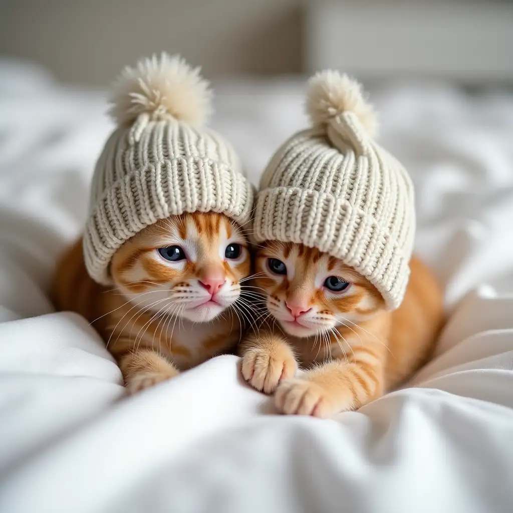 two ginger little kittens in knitted hats hugging each other in the bed. white bed