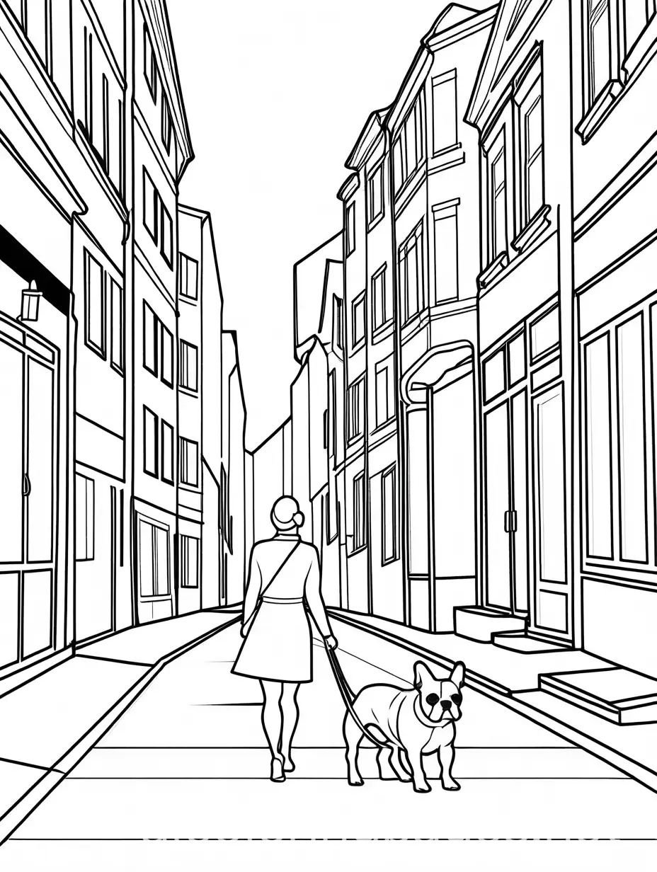 Woman-Walking-a-Small-French-Bulldog-Coloring-Page