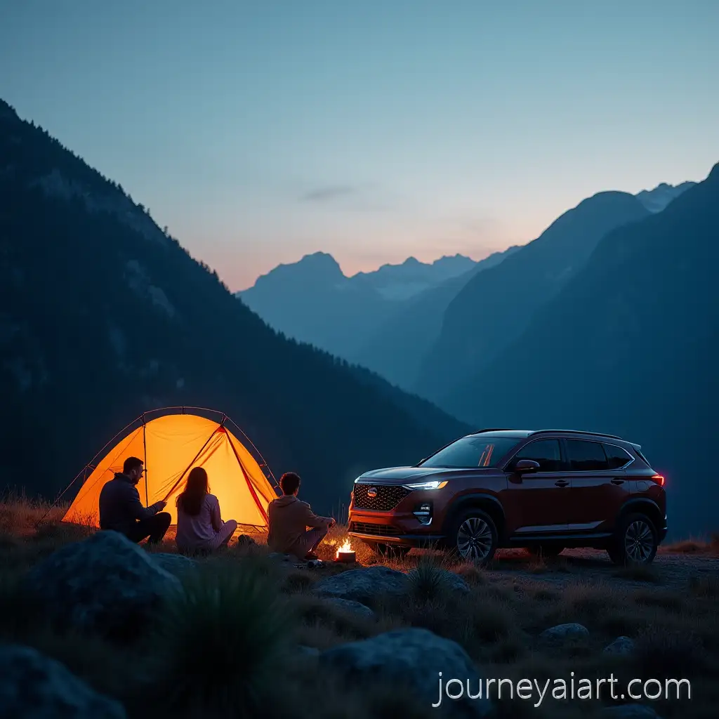 Family-Camping-in-the-Mountains-with-a-Crossover-Car-Watching-a-Movie-in-the-Evening