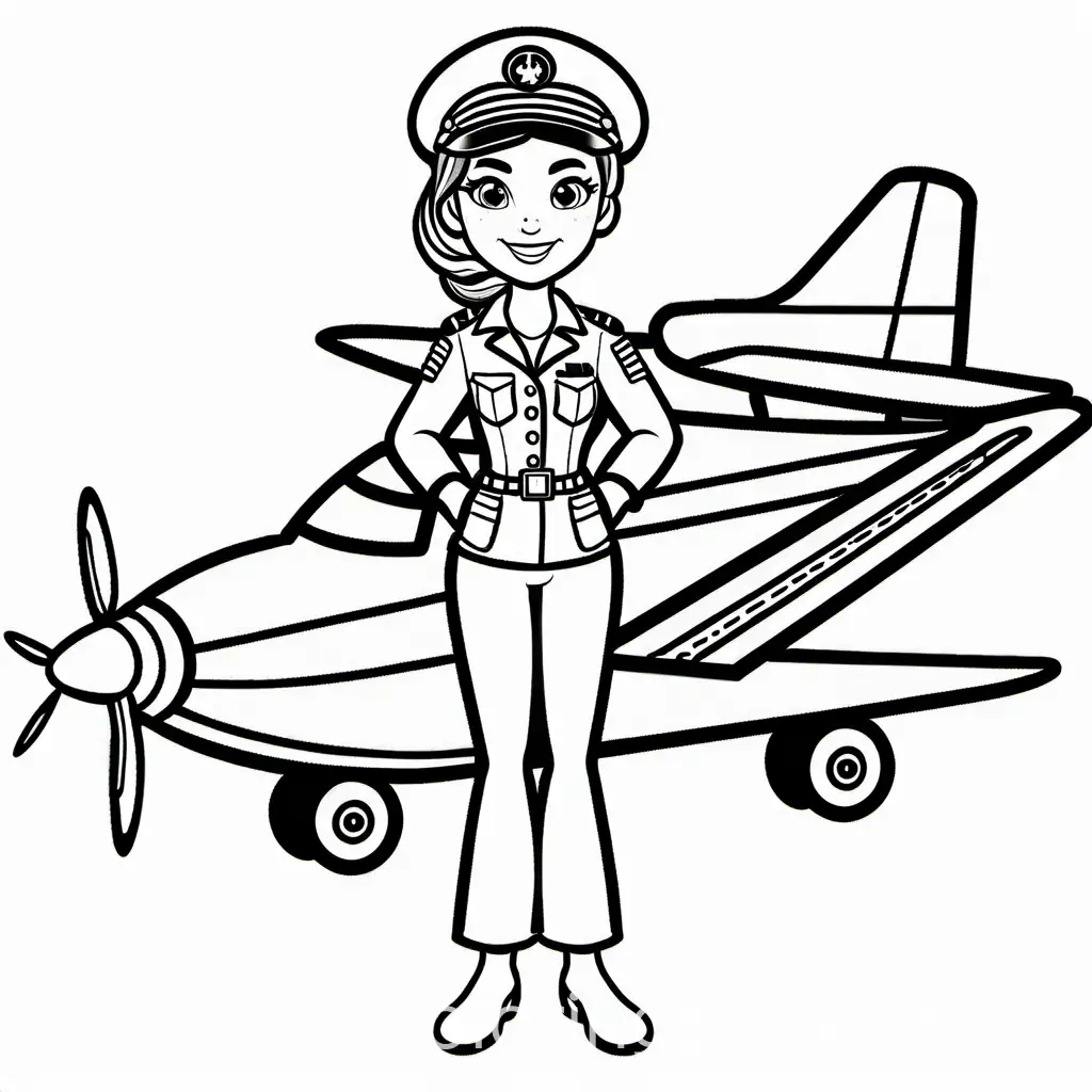 Female pilot with an airplane, Coloring Page, black and white, line art, white background, Simplicity, Ample White Space. The background of the coloring page is plain white to make it easy for young children to color within the lines. The outlines of all the subjects are easy to distinguish, making it simple for kids to color without too much difficulty