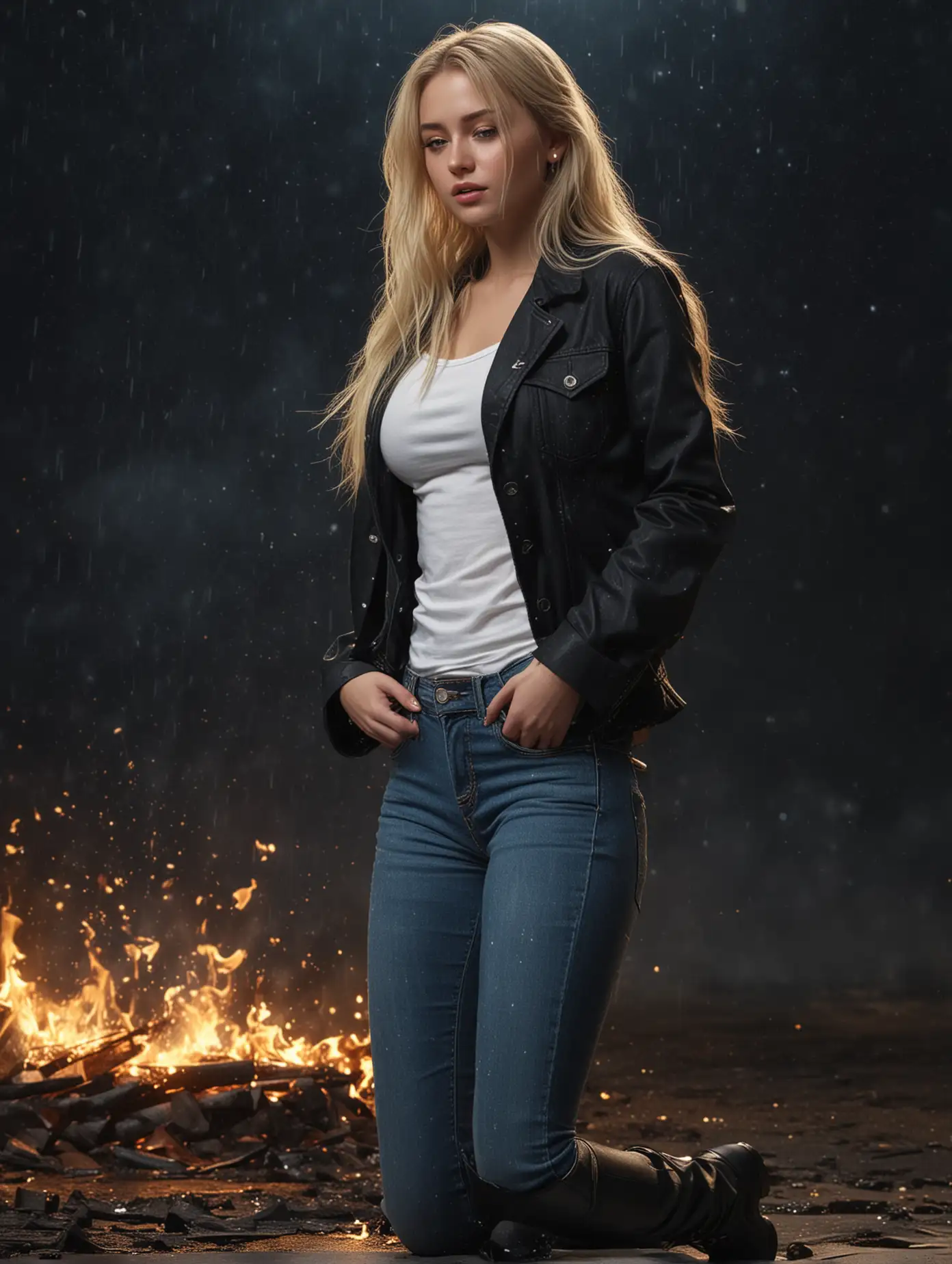 Kneeling-Figure-in-Black-Jacket-with-Golden-Sparkling-Rain-and-Fire-in-Dark-Space