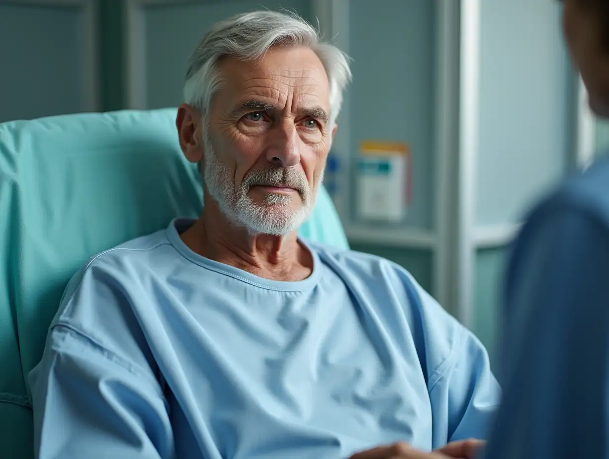 Senior male patient with intense gaze sitting in hospital gown, receiving IV therapy in a clinical healthcare setting