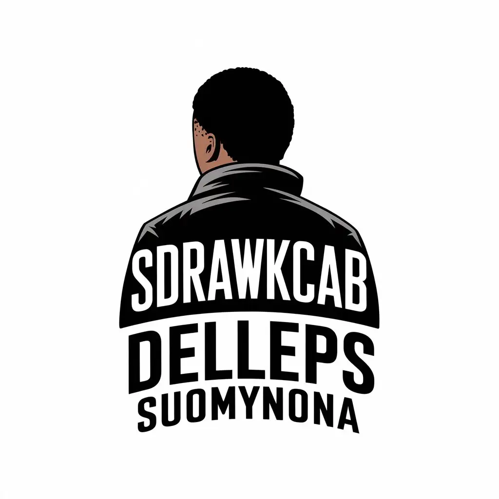 LOGO Design for Sdrawkcab Delleps Suomynona Vector Logo with Back View of Black Person in Jacket with Text