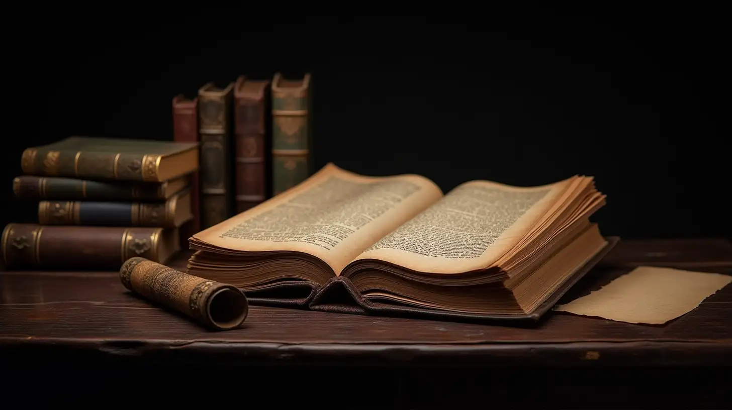 Ancient Foliant Surrounded by Old Books and Scrolls on a Dark Table