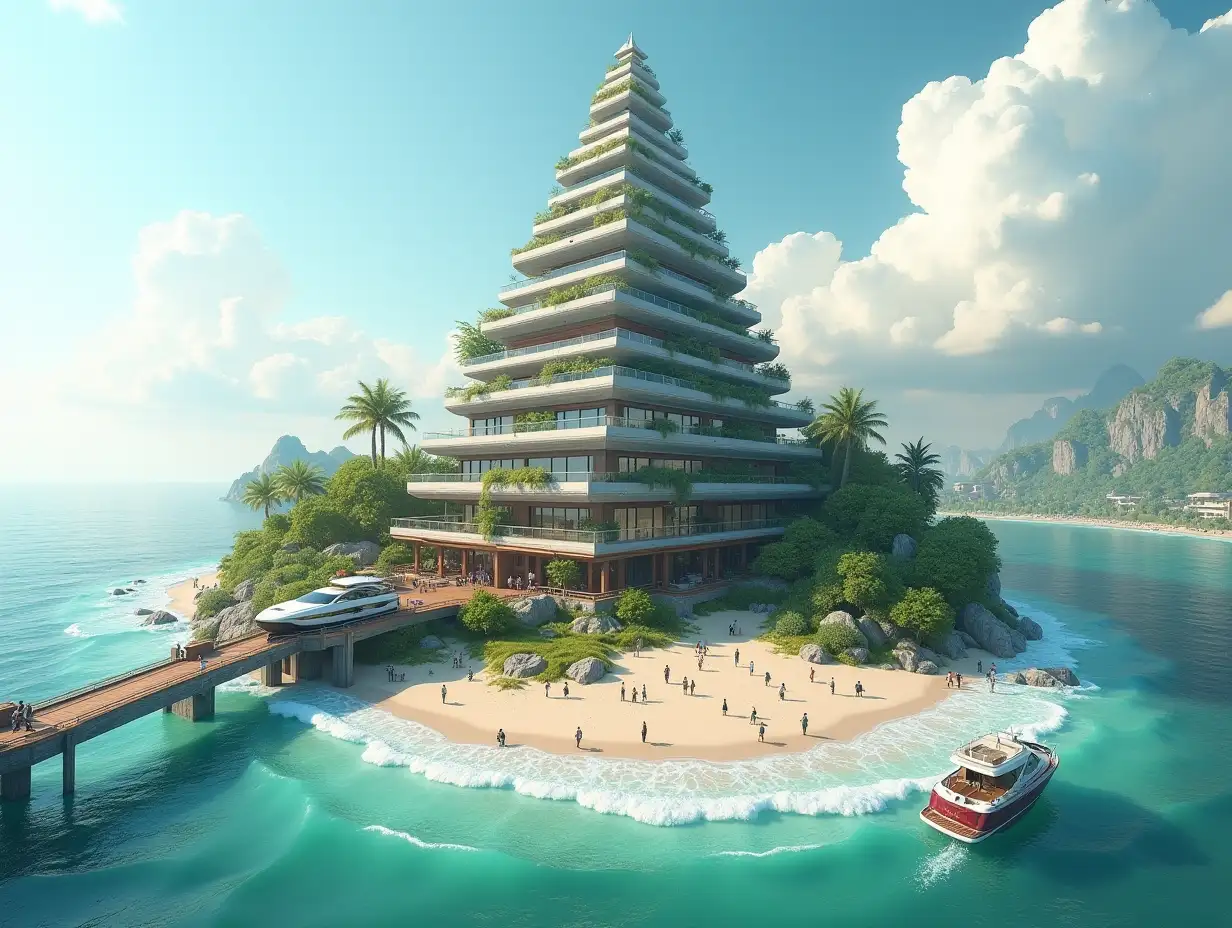 Create a high-resolution, realistic panorama image of a futuristic terrace building with window pyramid house with bridge, a yacht and a small beach with people, many plants and grey and brown facades with sea with waves, large trees, green clouds