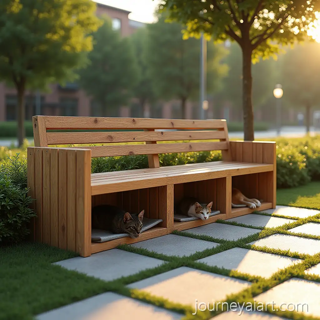 EcoFriendly-Outdoor-Wooden-Bench-with-Integrated-Animal-Shelters-in-Urban-Green-Space