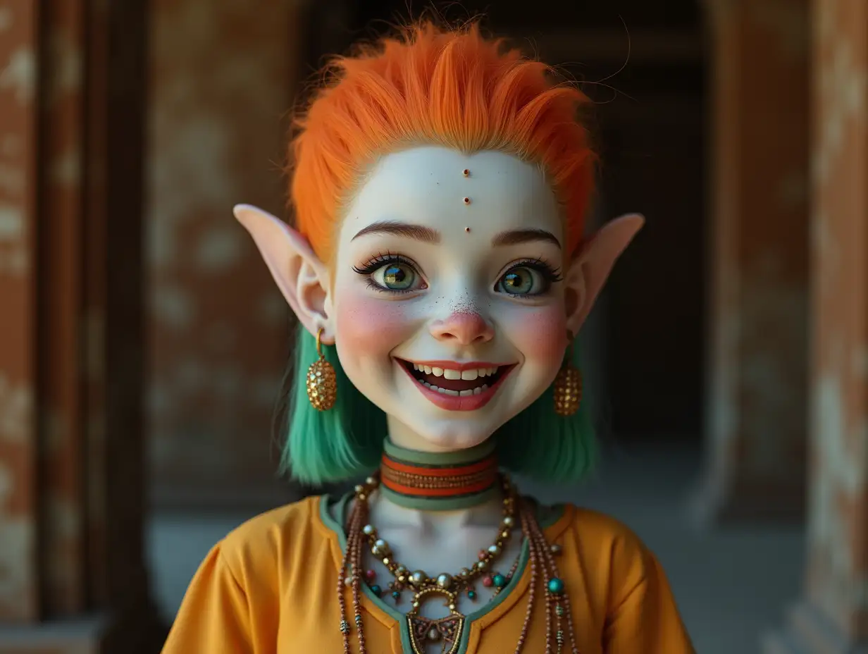 young black girl with white skin and alien face, with orange-green striped hair, with a light smile on her face, accentuating her smile, modern retro jewelry, in a temple with rust and various shades of brown 4k