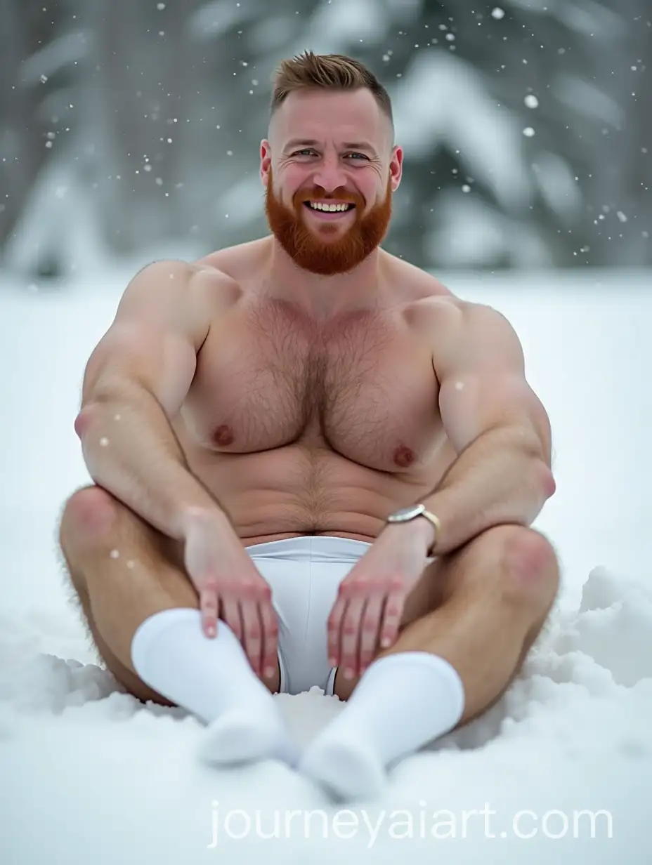 Pale-Ginger-Man-with-Chest-Hair-Relaxing-in-Snow-in-White-Briefs-and-Socks