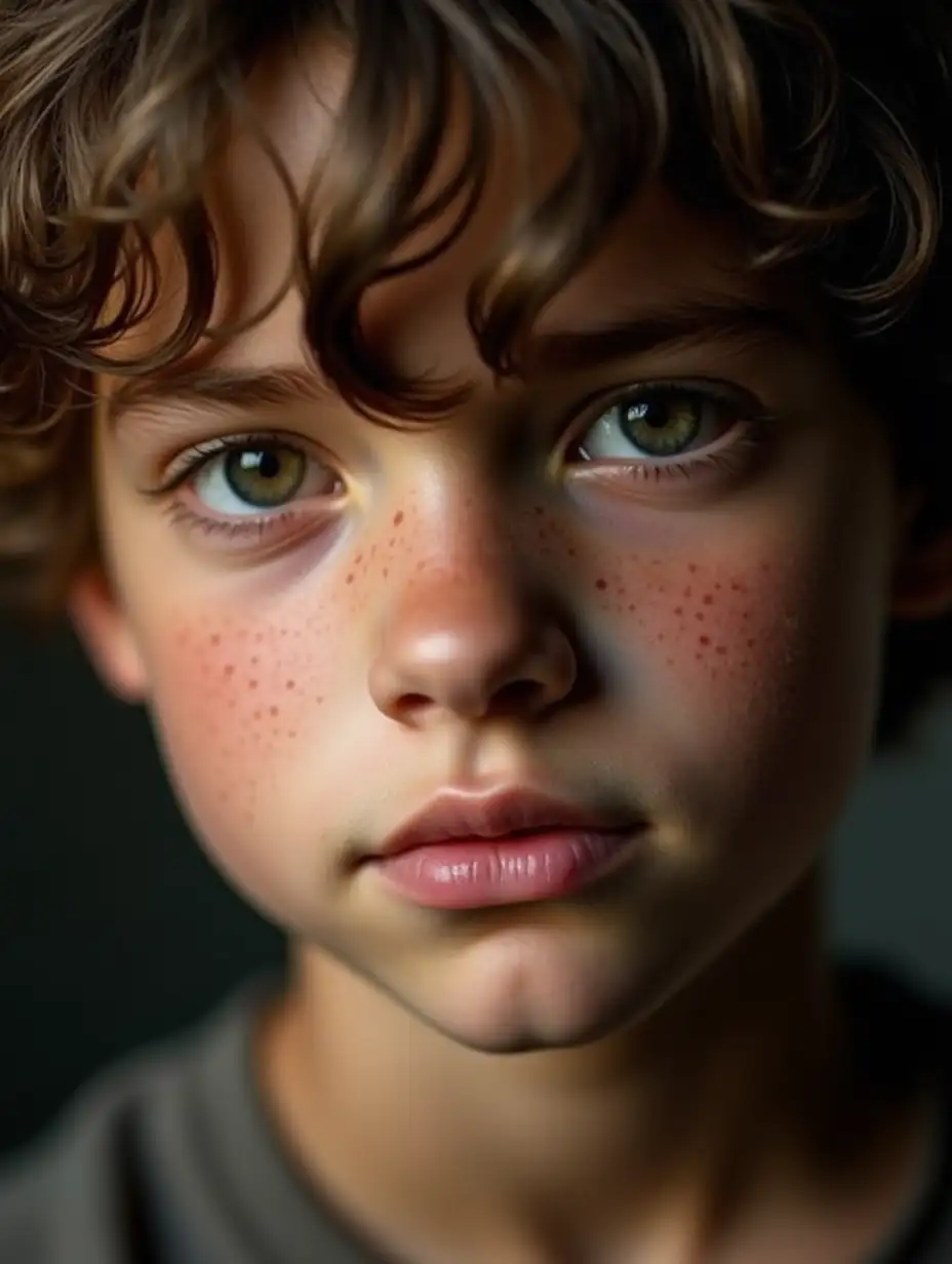 CloseUp Portrait of a Stunning Boy with Wavy Hair and Freckles