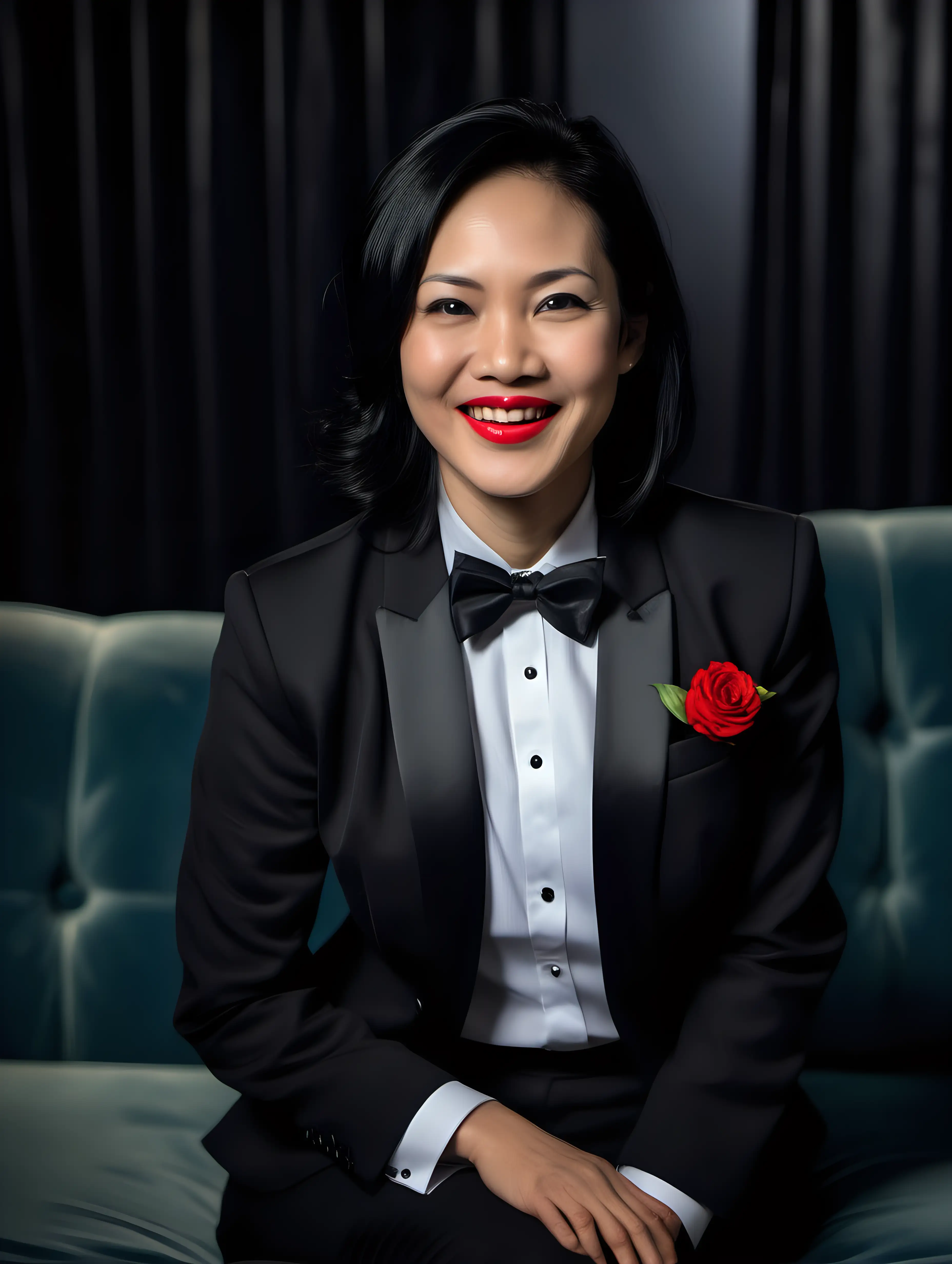 A portrait of a pretty 40 year old Vietnamese woman with shoulder length black hair and red lipstick is sitting on a sofa in a dark room. She is facing forward. She is smiling and joyful and ecstatic. She is wearing a tuxedo. (Her jacket is open and not buttoned.) (Her pants are black.) Her shirt is white with a black bow tie. Her cufflinks are large and black. Her jacket is open and has a corsage.