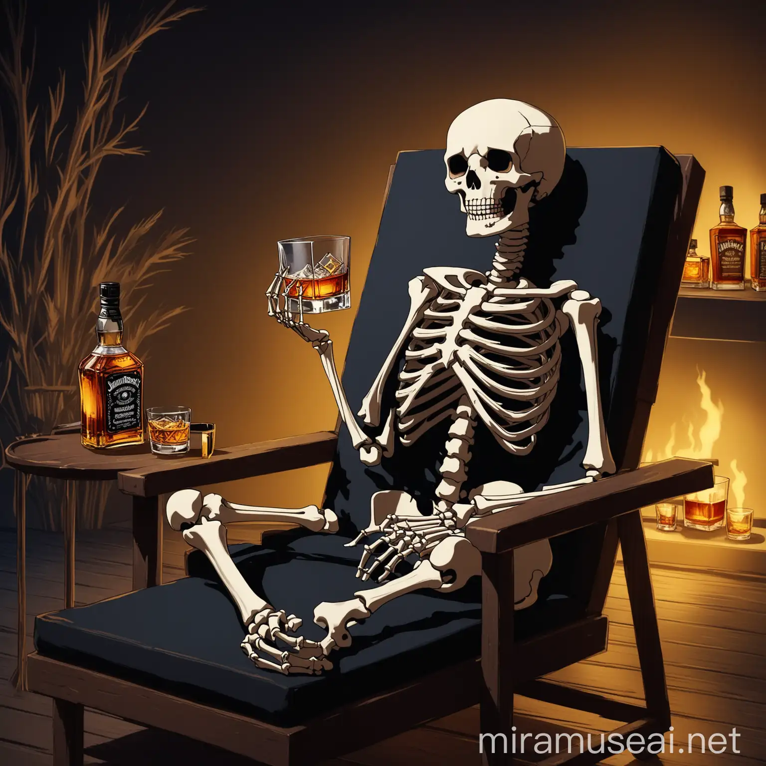 Skeleton Relaxing in a Lounge Chair with Whiskey