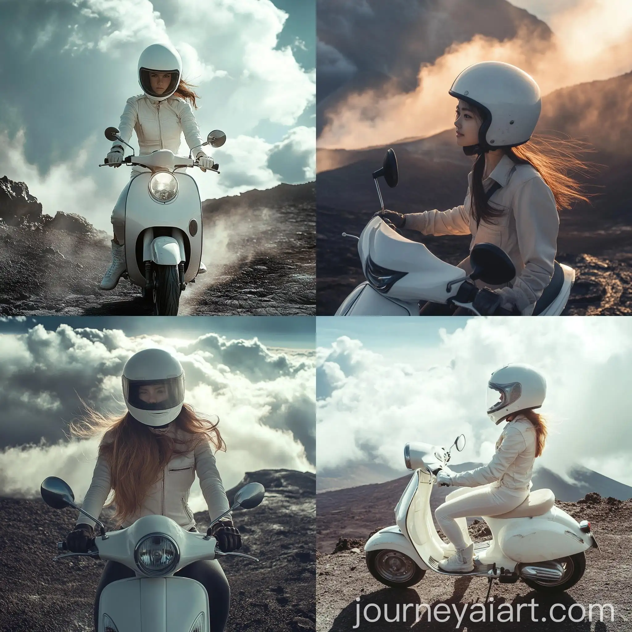Girl-on-White-Scooter-at-Volcano-Summit-with-Windy-Sunlit-Sky