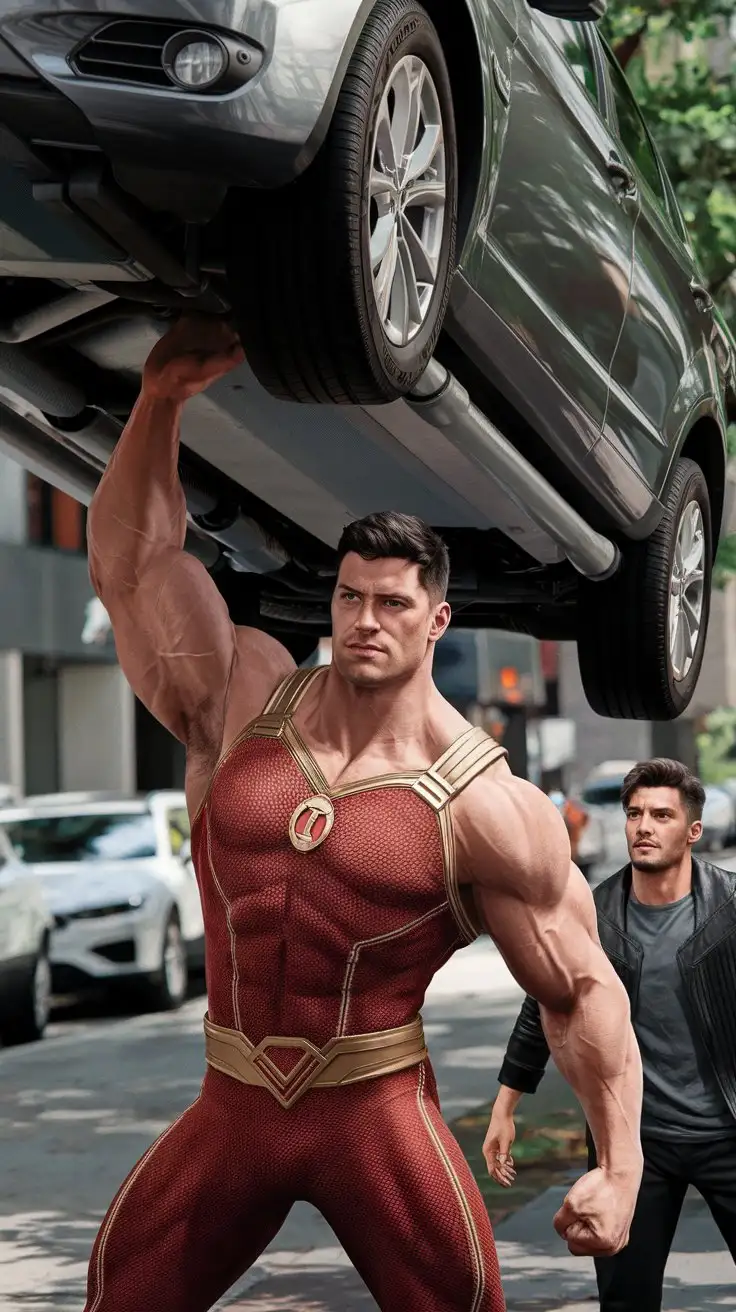 Supercharged brawn. Herculean powers. 27-year-old superhero possesses awesome superpowers as his 19-year-old protege watches impressed. Photorealistic.