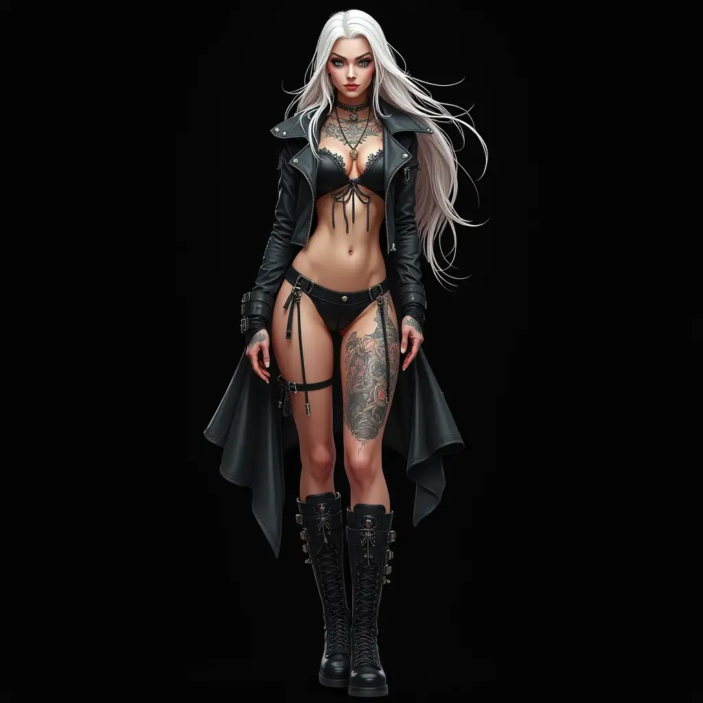 Depiction of a beautiful white woman with tattoos and long mixed white-black hair in a futuristic style and laced boots, black background