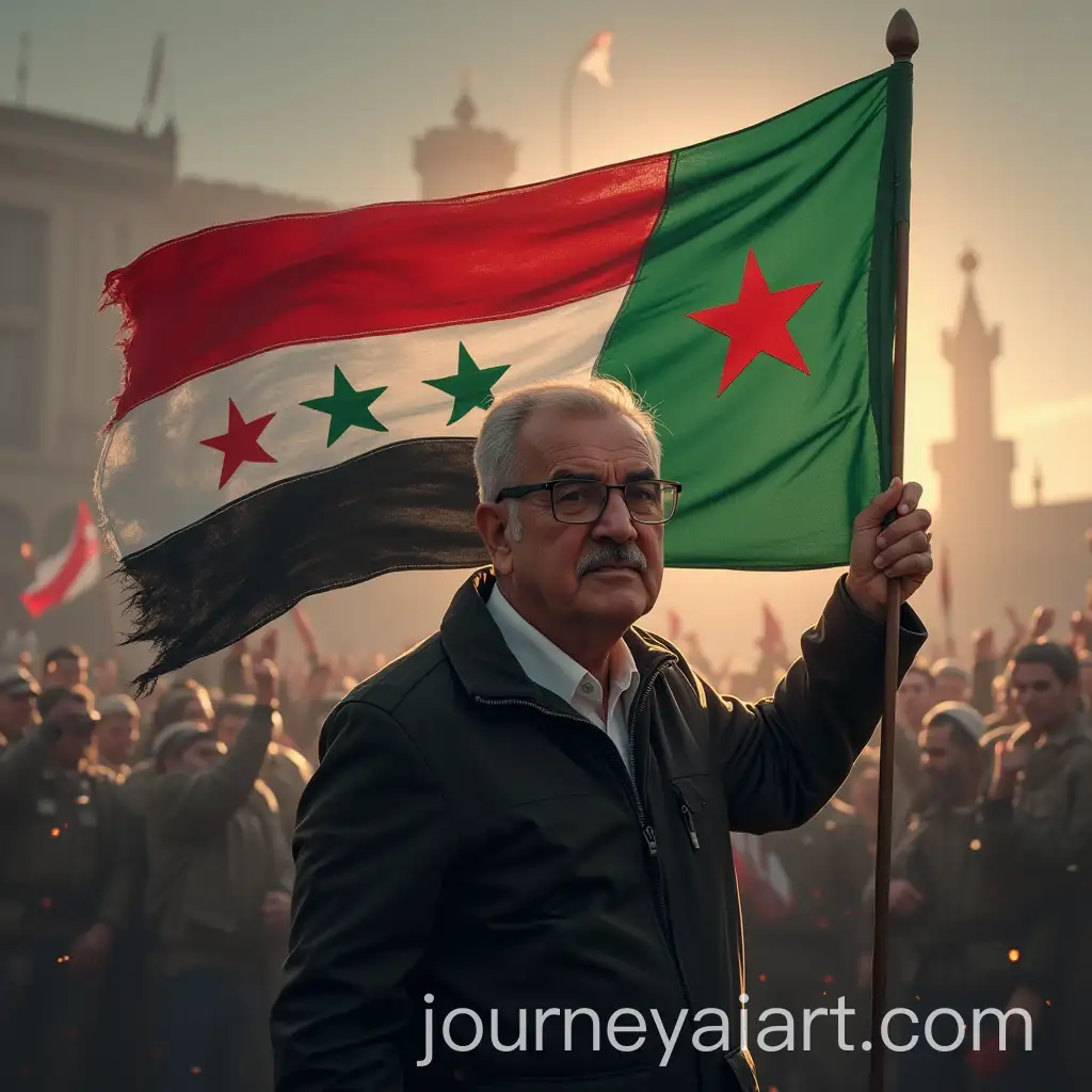 Person-Holding-the-Syrian-Revolution-Flag-with-Three-Red-Stars-and-President-Bashar-alAssad-in-a-Sad-Expression