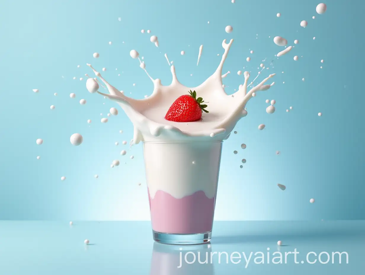 Strawberry-and-White-Yogurt-Explosion-in-the-Air-on-a-Glossy-Blue-Table