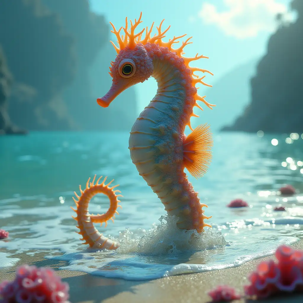 Fantasy-Seahorse-Creature-Emerging-from-the-Water-at-a-Magical-Coral-Beach