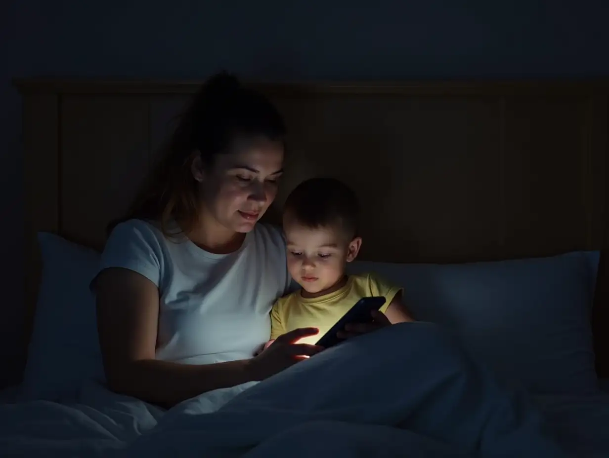 Cozy-Nighttime-Storytime-Mother-and-Son-Bonding-Over-Smartphone-Bedtime-Tales