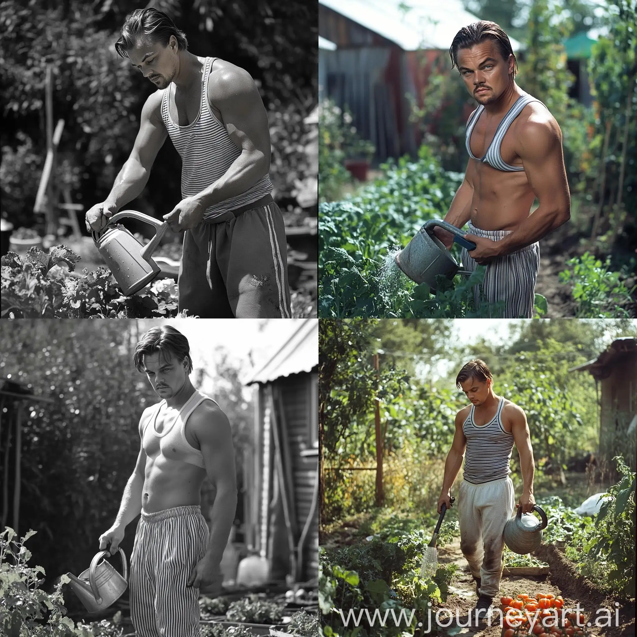 Leonardo-DiCaprio-Watering-Vegetable-Garden-in-Adidas-Sweatpants-and-Tank-Top-on-Russian-Dacha