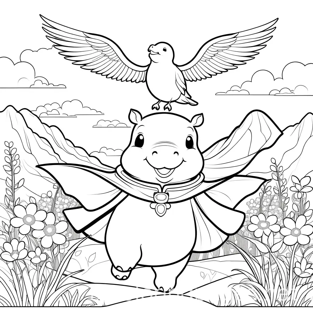 Chibi-Anime-Style-Flying-Hippo-with-Hero-Cape-and-Bird-in-Savannah-Playground