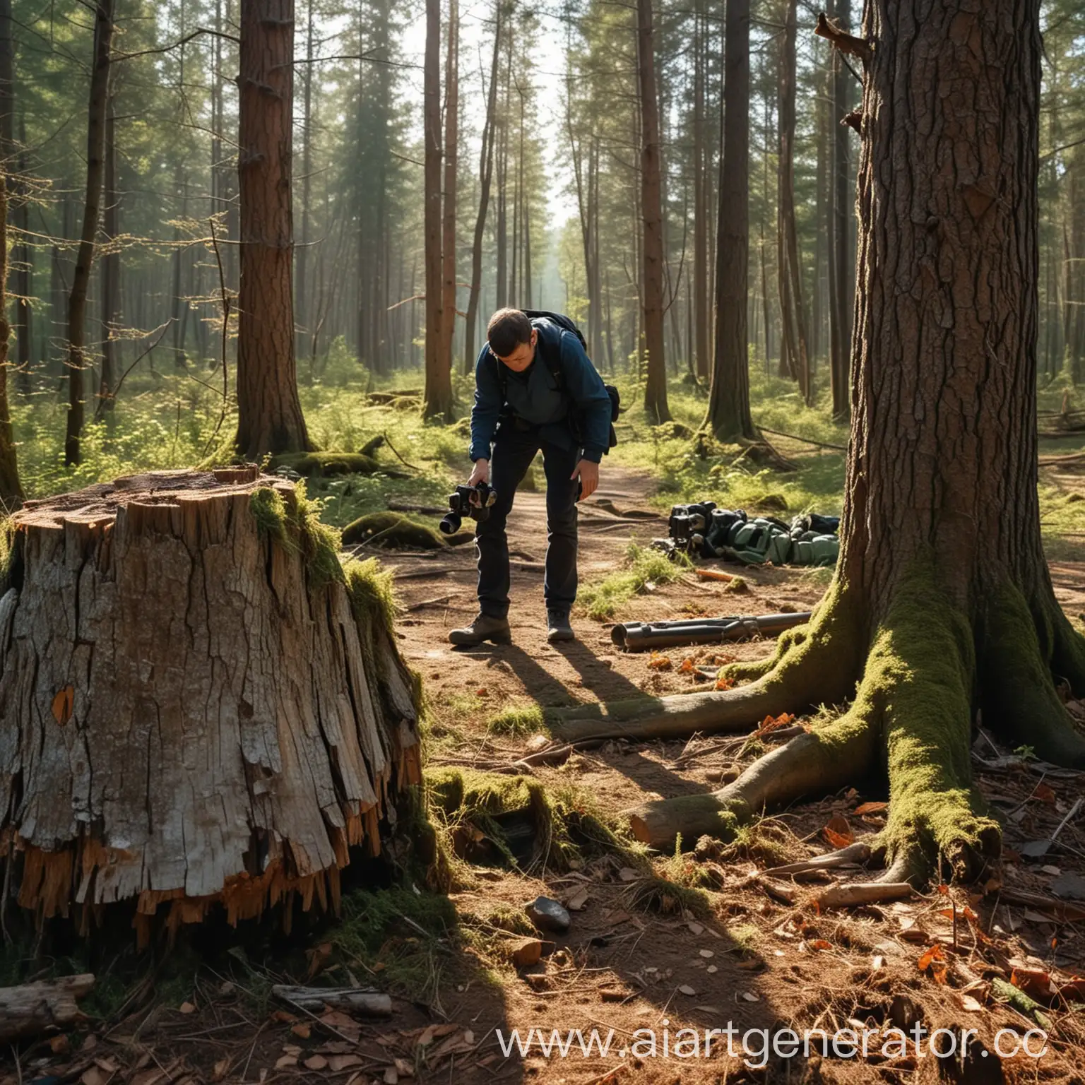 Photojournalist-Searching-for-a-Story-in-the-Forest-with-Video-Camera