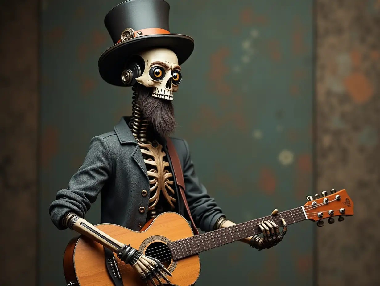 Create a high-resolution, realistic image of a robot standing with a skeletal body, skin color with gloves and beard, eyebrows, a sweater, a Steampunk top hat, and a guitar in 4K resolution (Steampunk 8K quality)