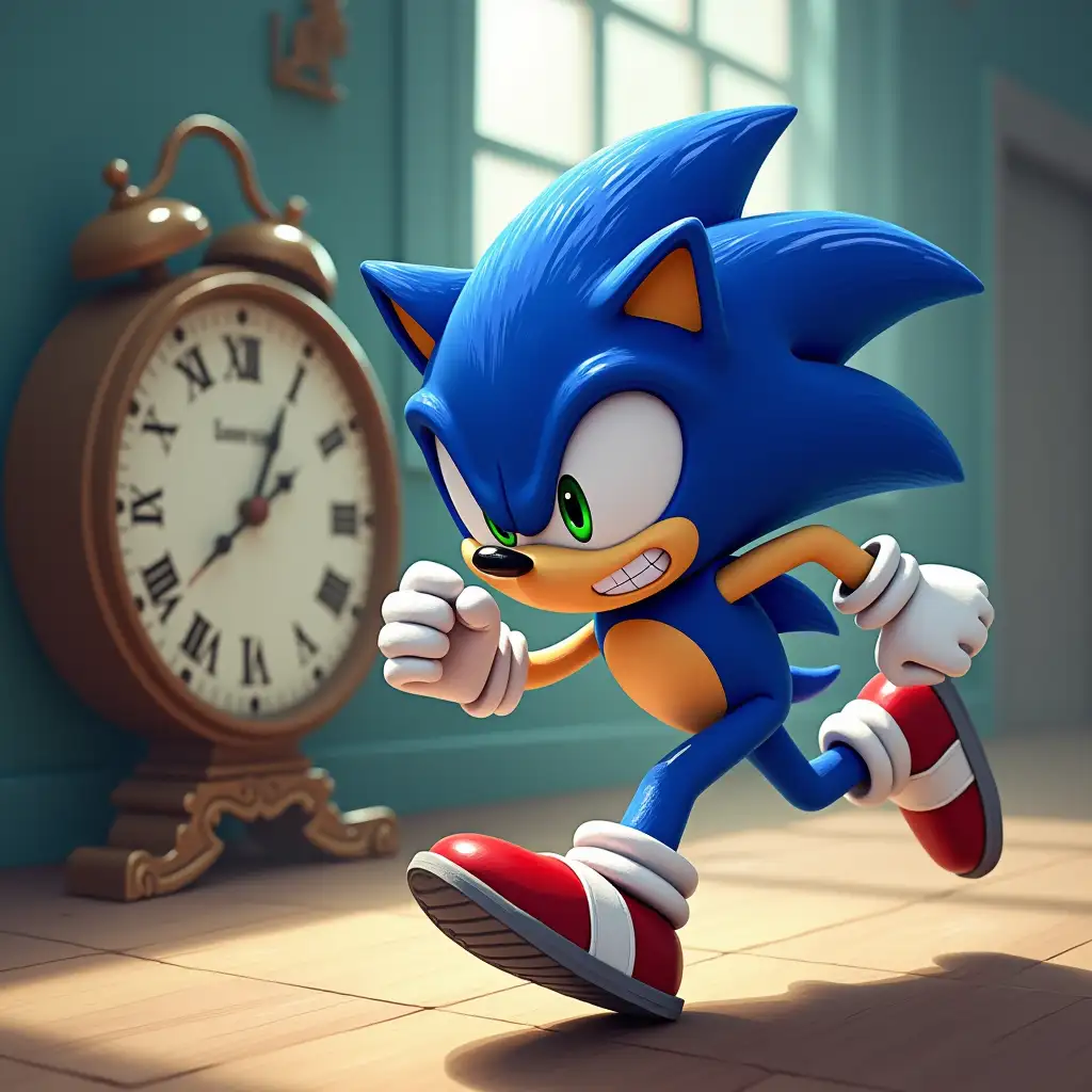 Sonic-Running-Against-Time-with-Sweating-and-Clock-in-the-Background