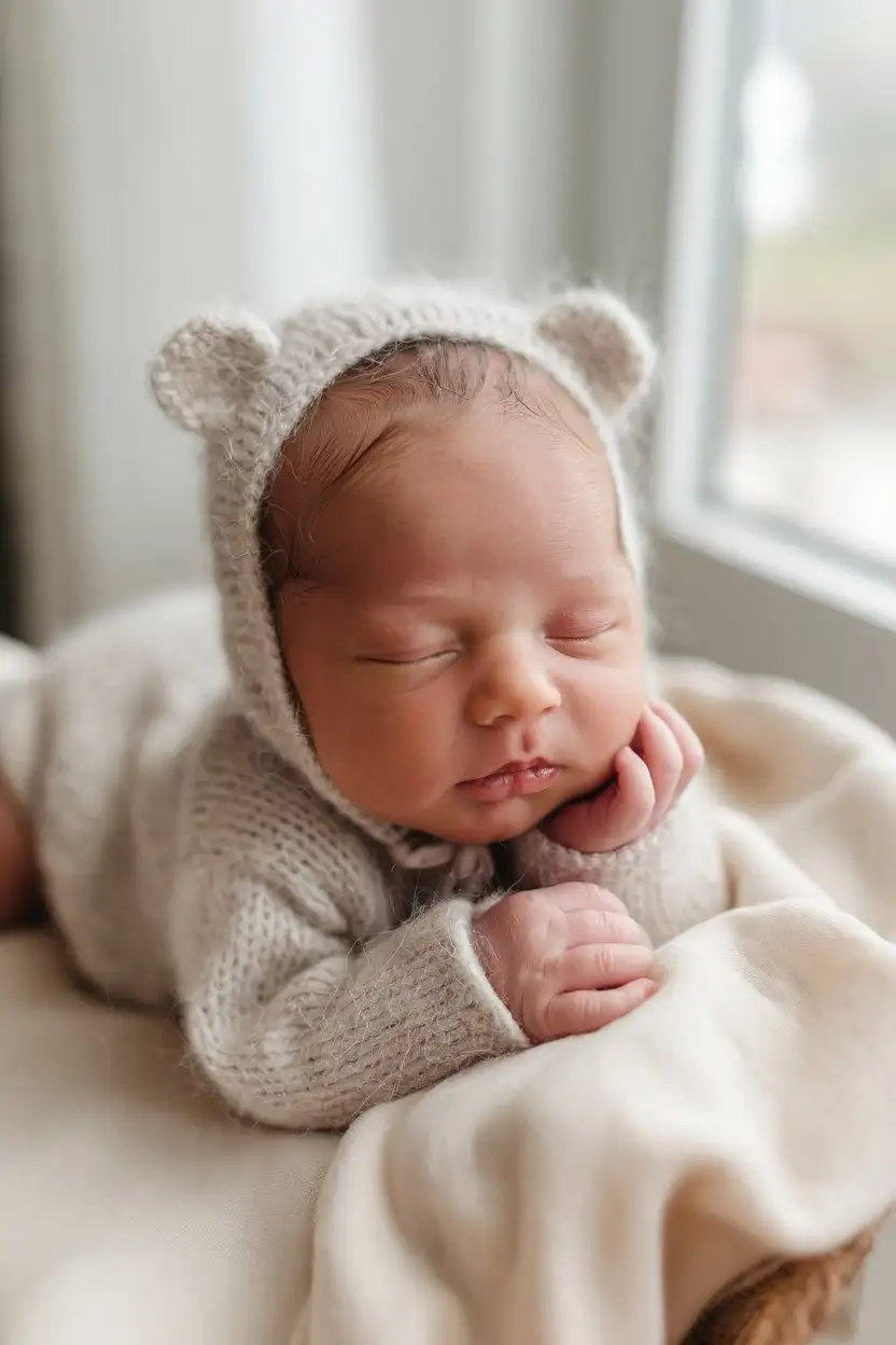 A close-up, eye-level shot of a newborn baby, 1 month old, lying on a soft white blanket. The baby is wearing a snug-fitting, light grey knitted romper with tiny bear ears on the hood. The baby's eyes are closed peacefully, and their hands are gently resting near their face. Soft, natural lighting from a window illuminates the scene, creating a warm and tender atmosphere. The background is blurred to emphasize the baby.  Realistic, adorable, baby photography.