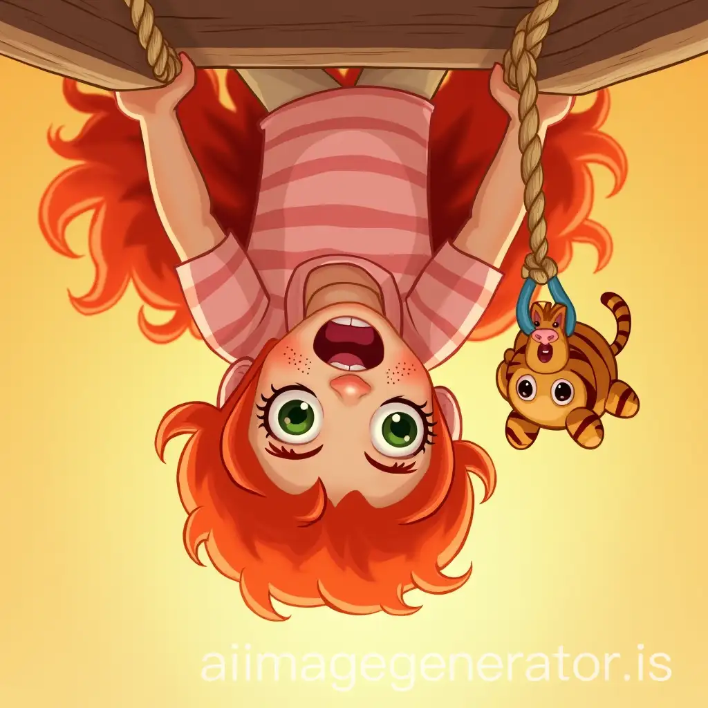 Joyful-Girl-with-Red-Hair-and-Kitten-Hanging-Upside-Down-in-Playground