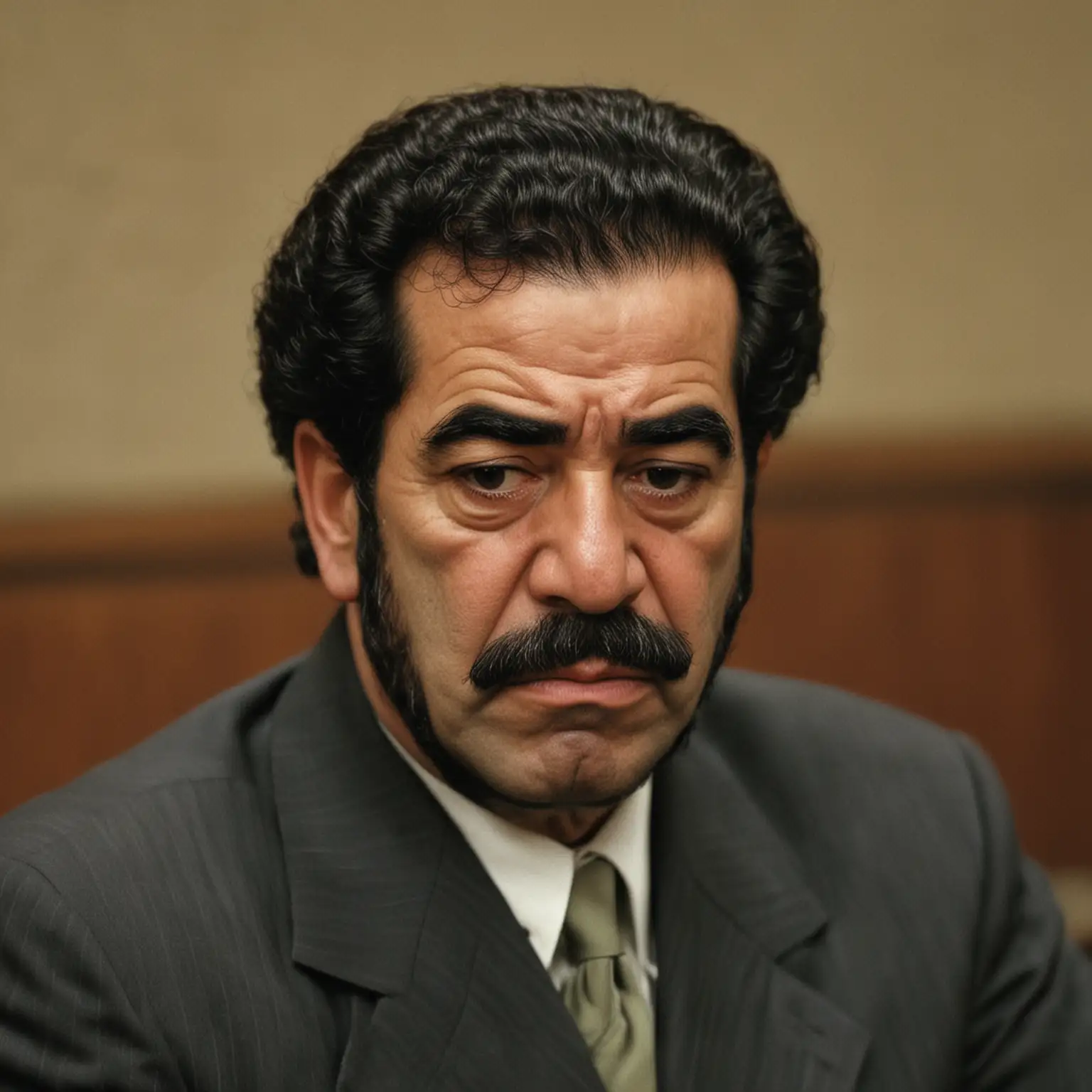 Image of Saddam Hussein in the courtroom during his trial, with a stern or defiant expression