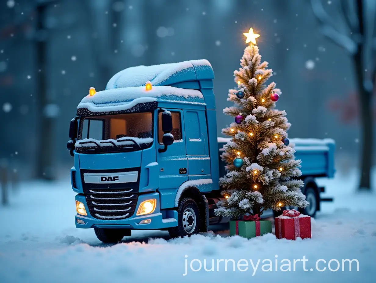 Blue-Cargo-Truck-DAF-with-Christmas-Tree-and-Snowflakes